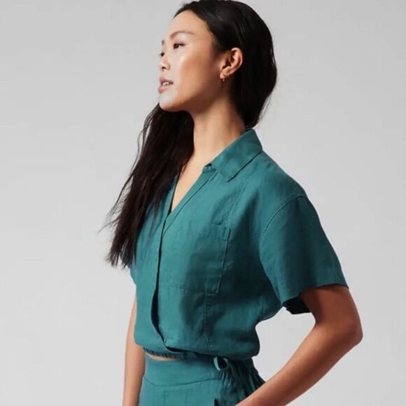 Athleta 100% Linen Playa Tie Short Sleeve Wrap Top XXS teal green blue - Picture 1 of 7